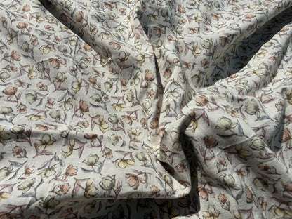 Taupe Green Yellow Peach Ditsy Tulip Floral Rayon Crepe Woven "Mini Blooms"