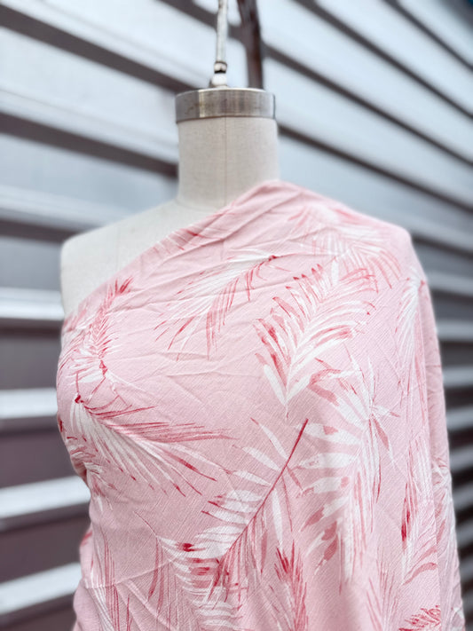 Pink Mauve Island Resort Palm Leaf Print Rayon Crepe Woven "Alana"