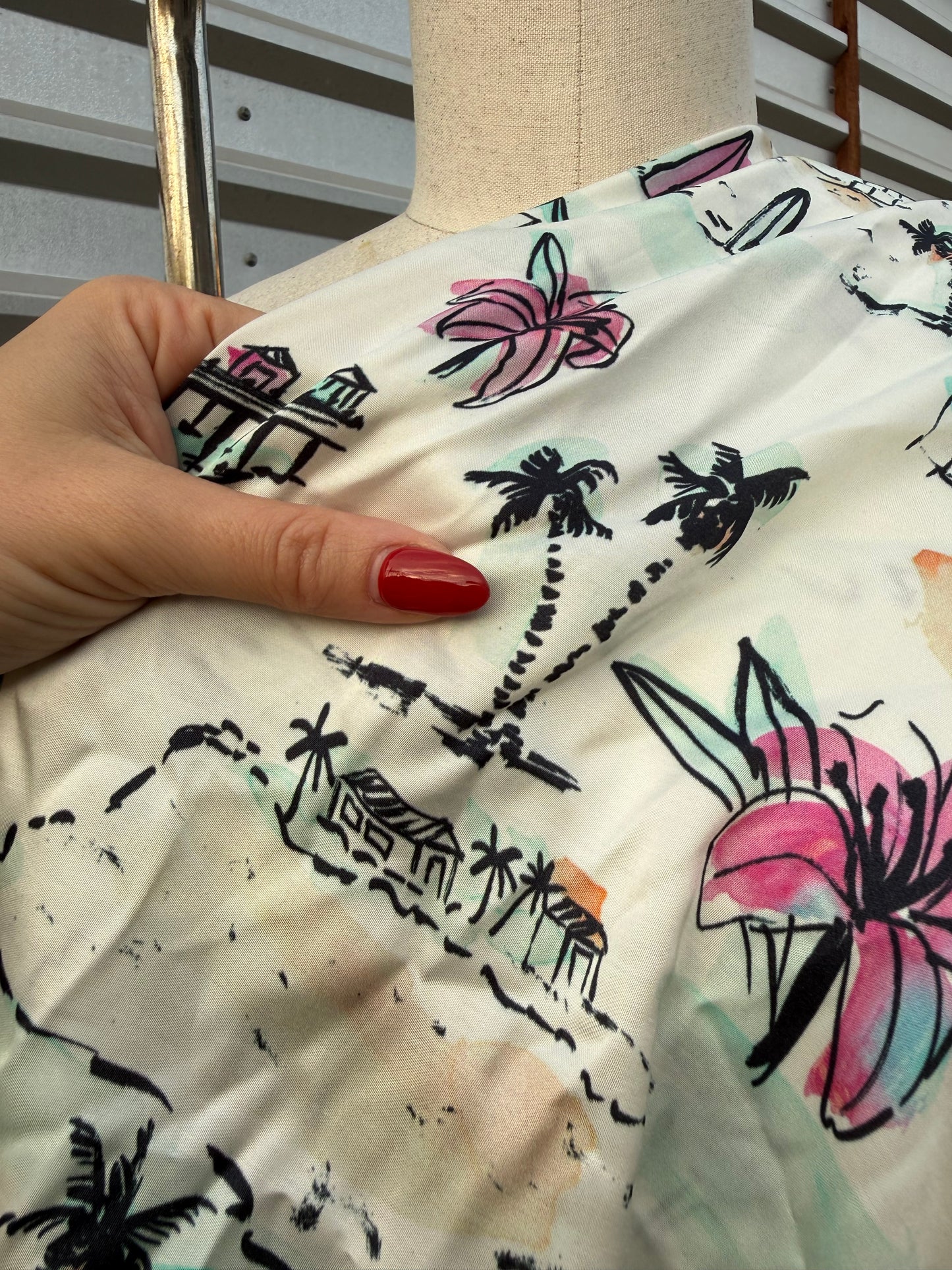Black Orange Blue Pink Purple Ivory Tan Floral Beach Palm Tree Rayon Satin Woven "Island Breeze"
