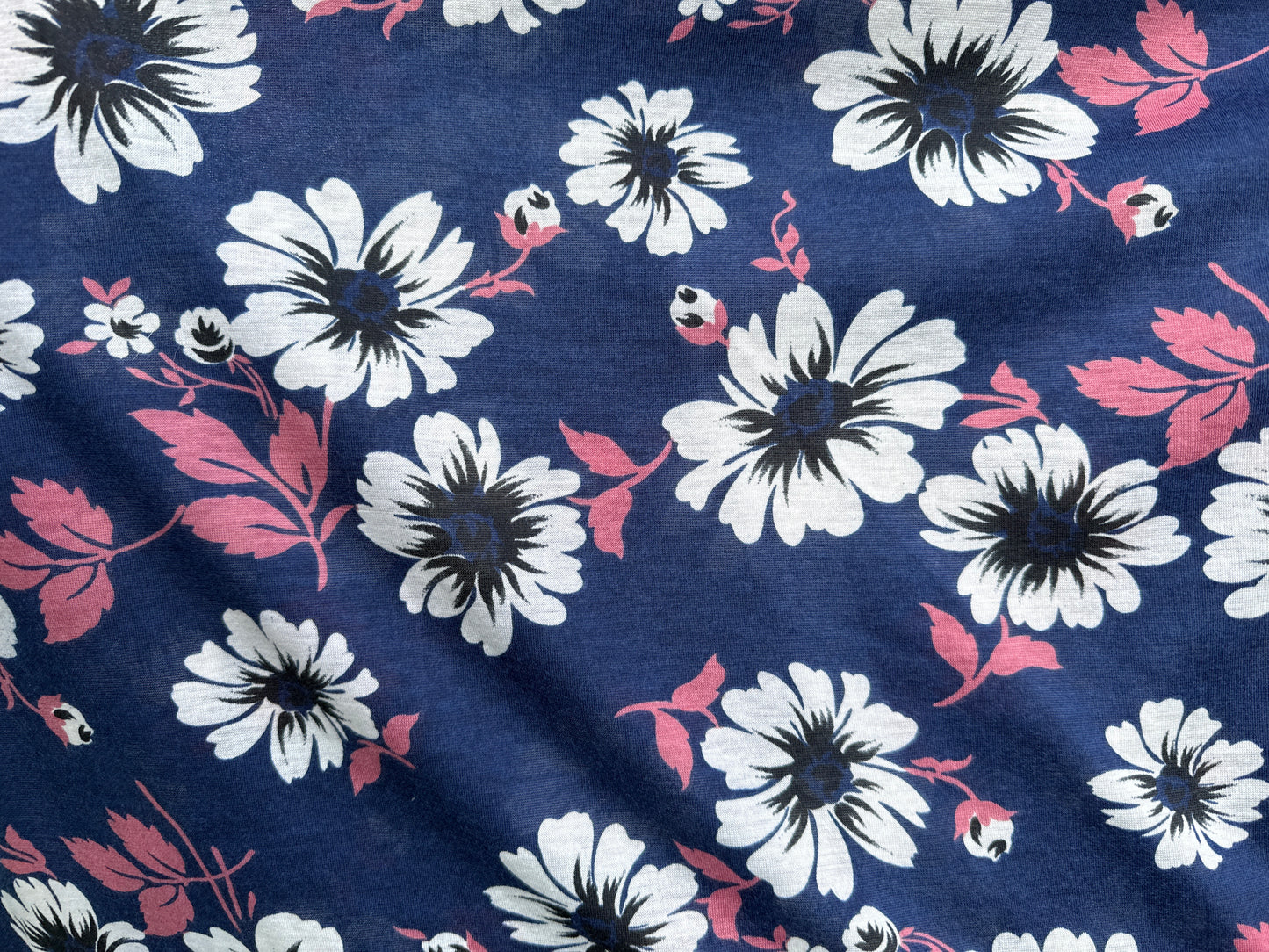 White Black Pink Floral Light Weight Rayon Polyester Spandex Jersey "Beach House"