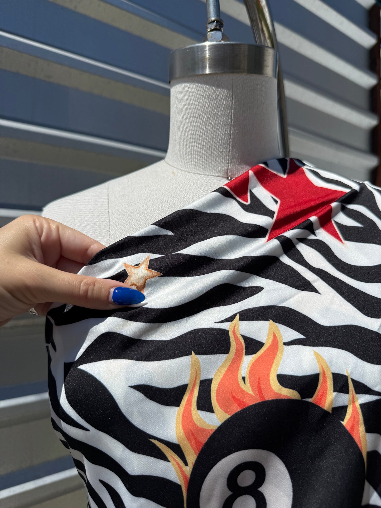 White Black Yellow Zebra Flaming 8 Ball Polyester Charmeuse “Dan Flashes Billiard”