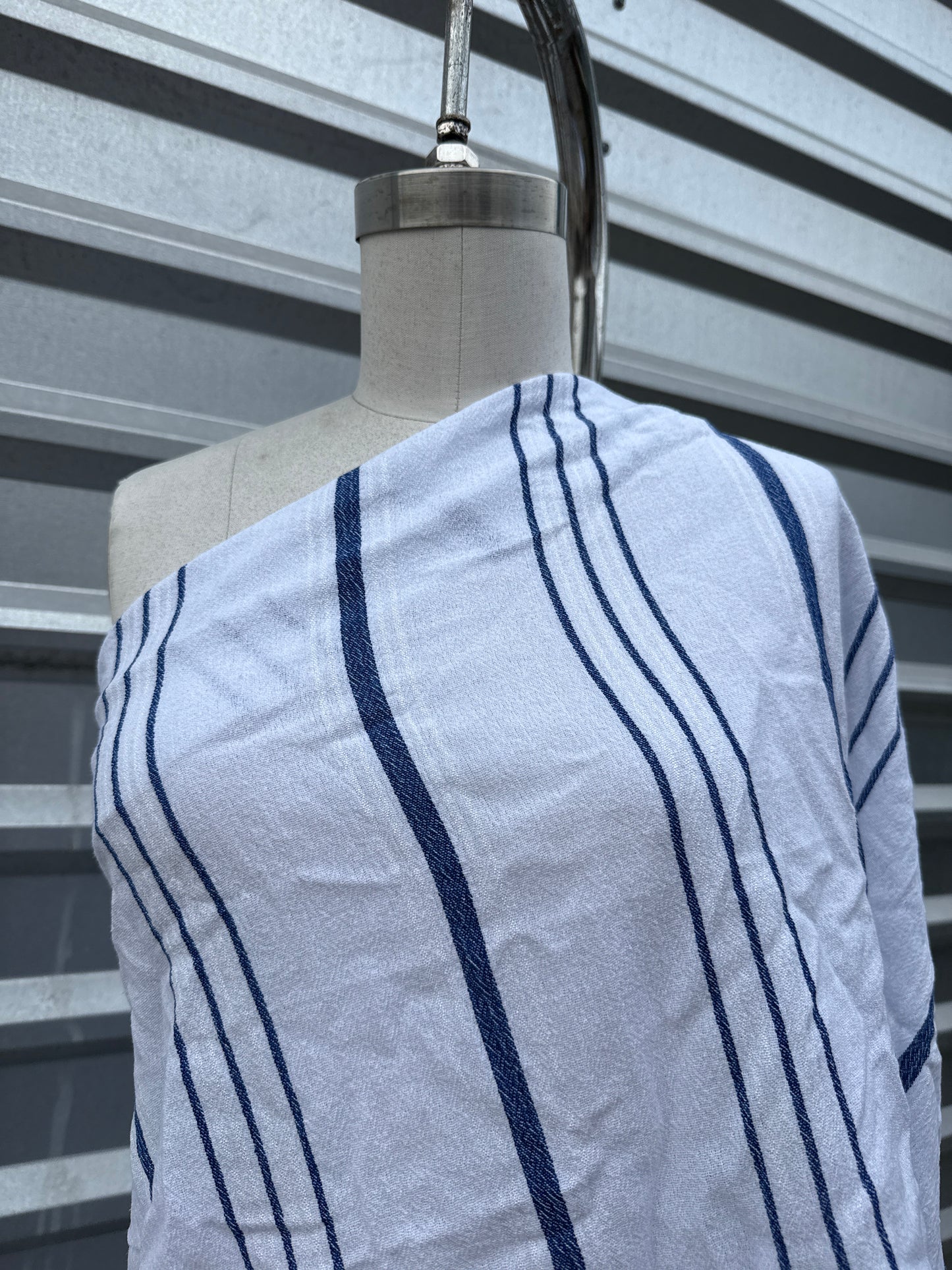 White Blue Thin Stripe Cotton Gauze "Sea Tea"