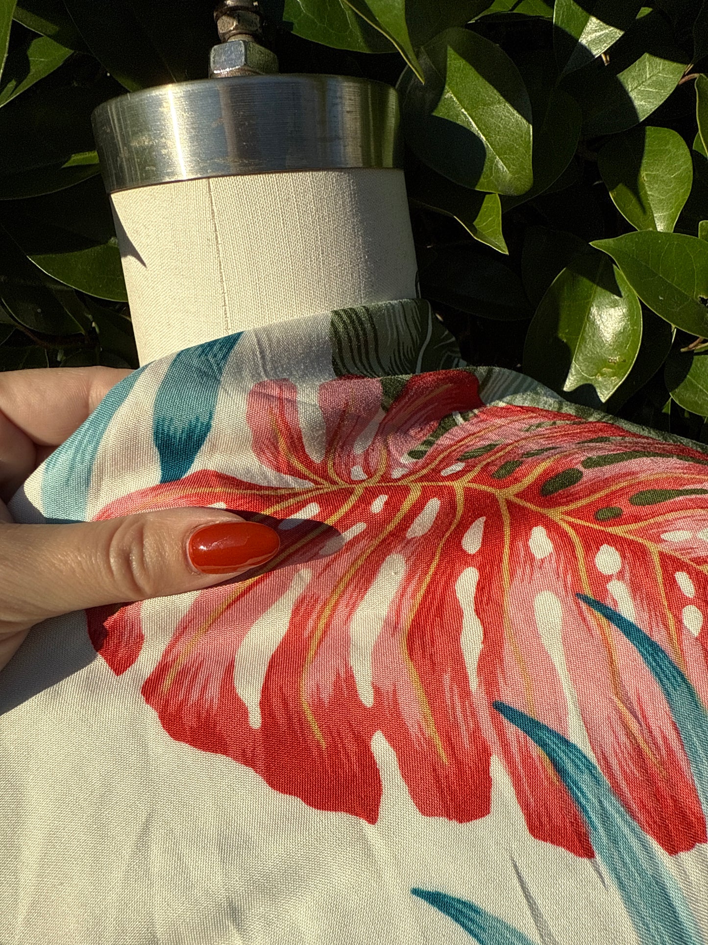 Ivory Pink Teal Green Palm Tropical Print Soft Rayon Challis "Lovers Palm"