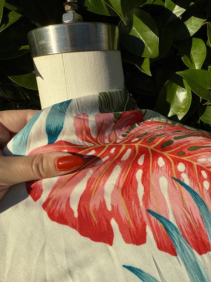 Ivory Pink Teal Green Palm Tropical Print Soft Rayon Challis "Lovers Palm"