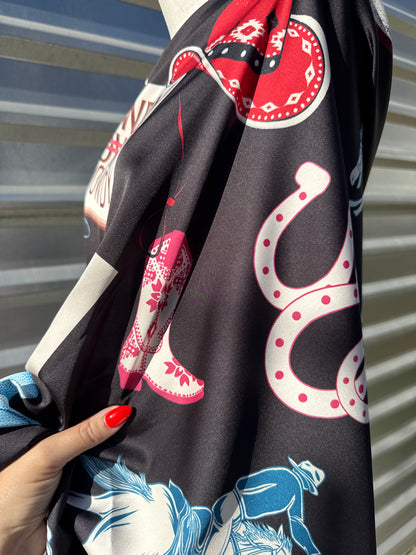 Black Blue Red Cowboy Theme Polyester Charmeuse "Howdy Life"