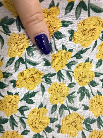 Yellow Rose White Green Print Cotton Linen Fabric "Jules”