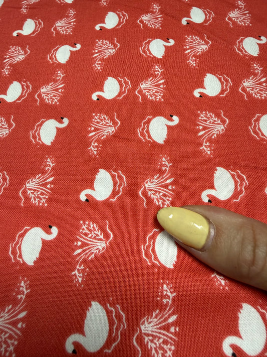 Coral White Swan Ditsy Print Quilt Cotton "Swan Song”