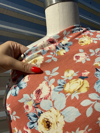 Terracota Rust Yellow Blue Rose Floral Print Rayon Spandex Jersey "Blossming Blooms"
