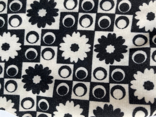 Black White Floral Geometric Polyester Spandex Ponte Knit "OP ART Daisy"