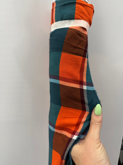 Orange Teal Plaid Rayon Challis 7 yards