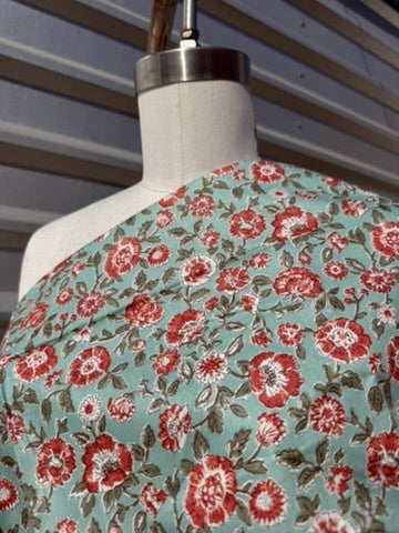 Sage Green Vintage Pink Boho Floral Cotton Woven "Tea with Grandma"
