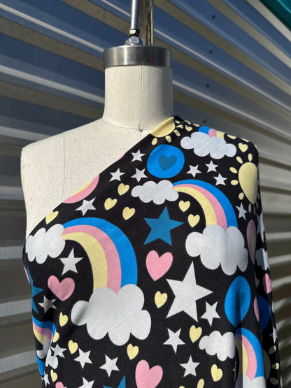 Black Yellow Pink Blue Rainbow Star Retro Print Polyester Spandex DTY Jersey "Never Snoozing"