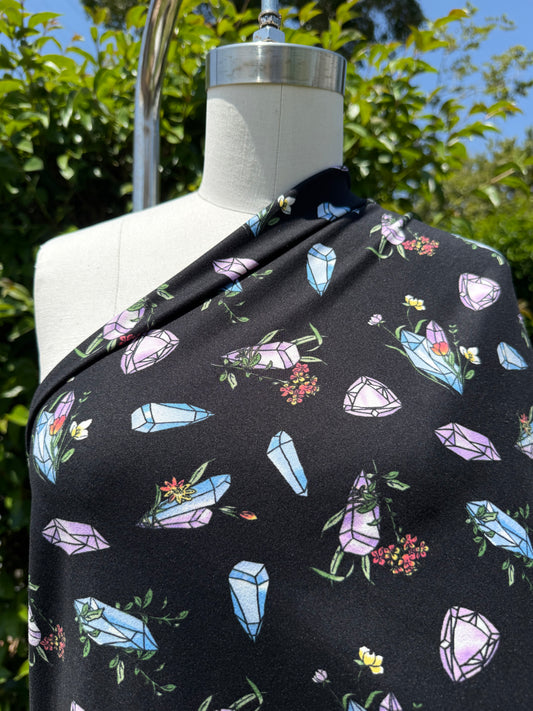 Black Blue Purple Green Crystal Floral Print Polyester Spandex DTY Jersey Crystal Charging"