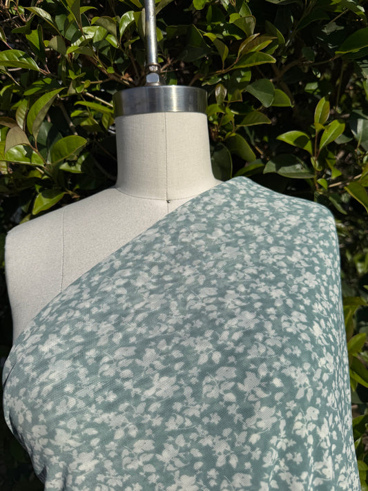 Sage Green White Leaf Floral Print Micro Mesh Stretch Knit "Skeleton Vines"