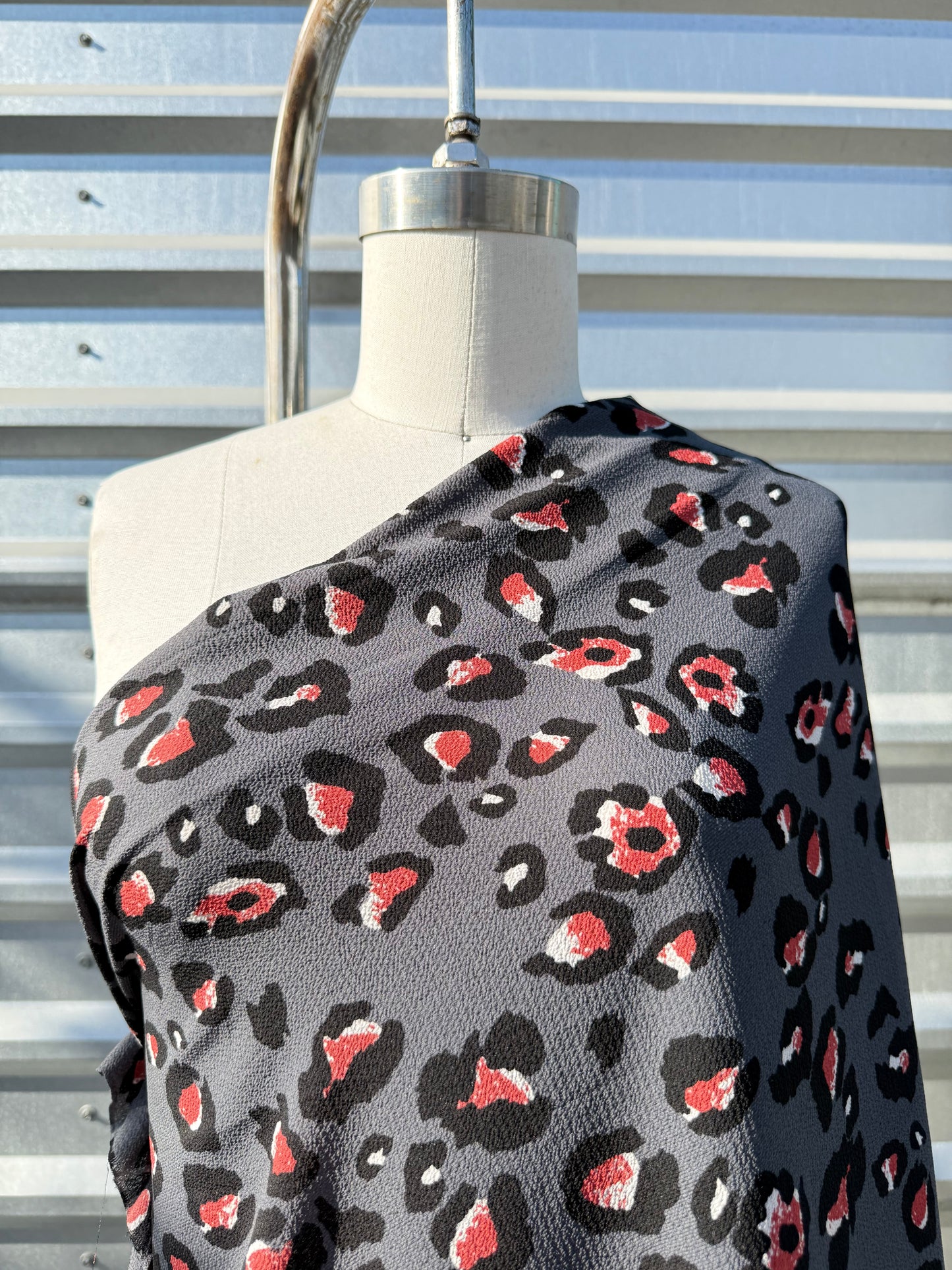 Gray Black Red White Leopard Print Polyester Crepe "Red Eye Jungle"