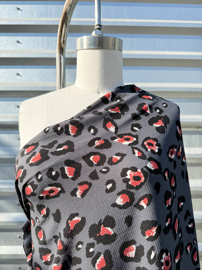 Gray Black Red White Leopard Print Polyester Crepe "Red Eye Jungle"