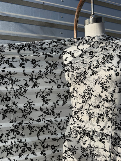 Grey Black Flocked Ditsy Floral  Mesh Tulle Polyester "Sabrina in Moonlight”