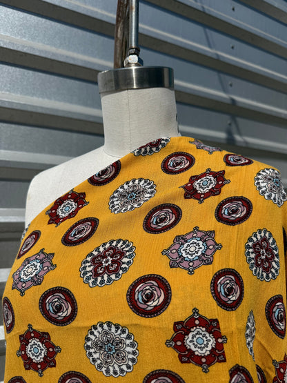 Gold Yellow White Boho Print Rayon Crepe Woven "Joshua Tree Summer"