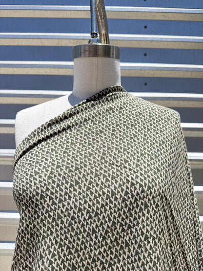 Olive Green Cream Geometric Pattern Print Rayon Crepe Woven "Desert Alps"