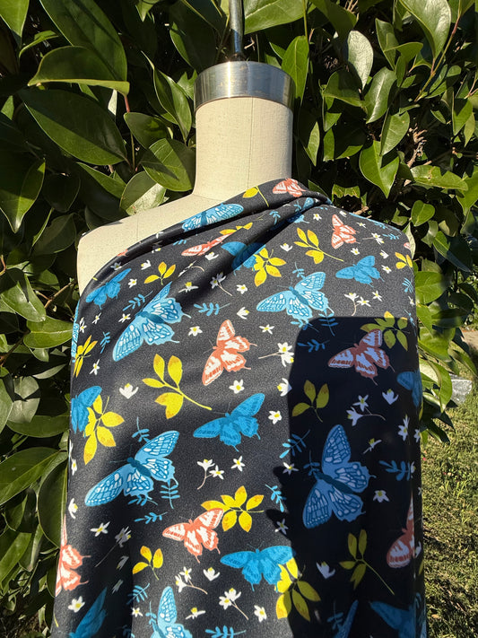 Blue Pink White Yellow Butterfly Floral Print Polyester Spandex Knit "Night Flutters"
