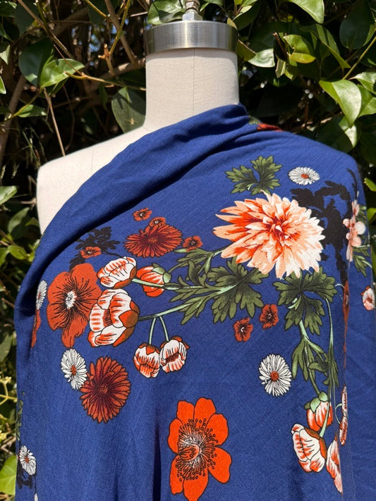 Blue Red Pink White Green Floral  Textured Rayon Challis Woven "Dahlia's Resort"