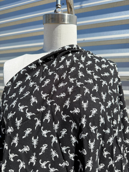 Black White Scorpion Print Twill Rayon Challis “Will Sting”