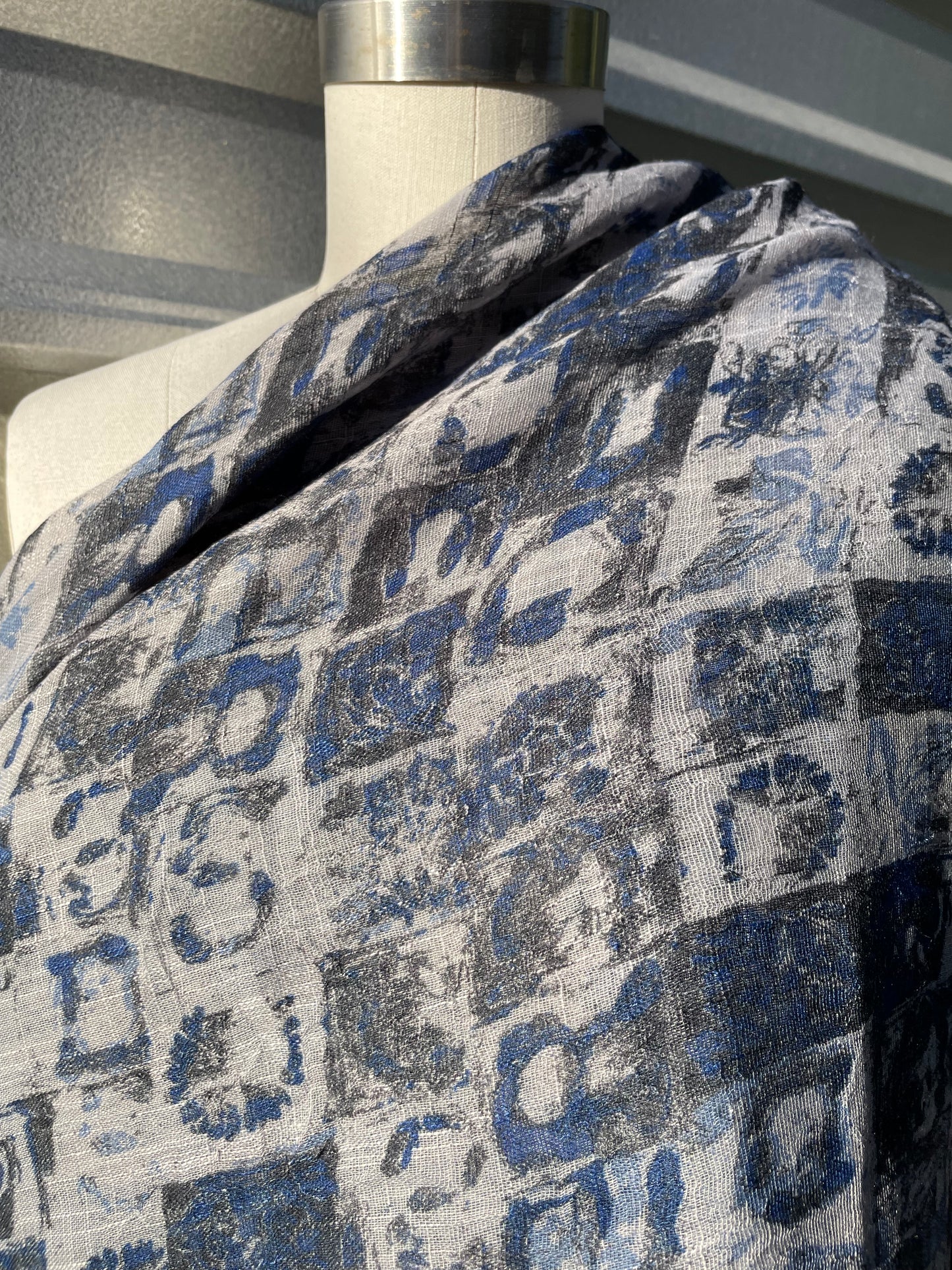 Blue Grey Abstract Sheer Gauze Rayon "Blue is a Mood"