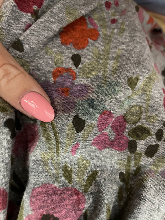 Pink Green Grey Abstract Watercolor Floral Tri-Blend Cotton Jersey "Dusty Blooms"