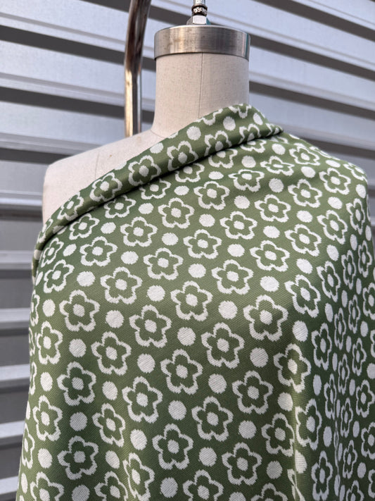Green White retro Daisy Print Polyester Spandex Ponte "Olive Oliva"