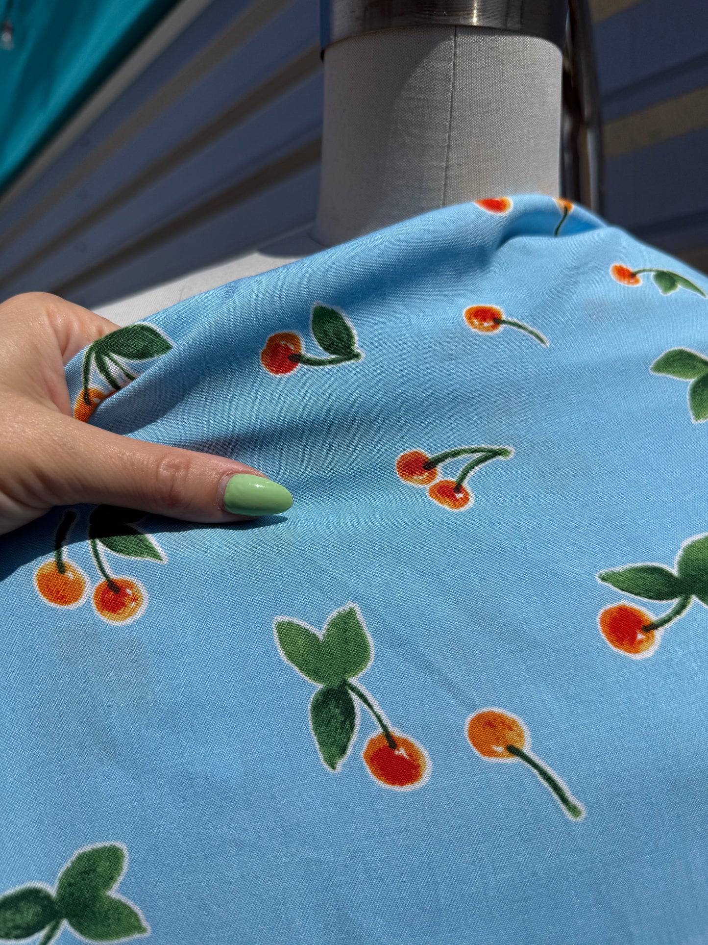Blue Red Green Cherry Print Rayon Challis "Blue Ribbon Pie"