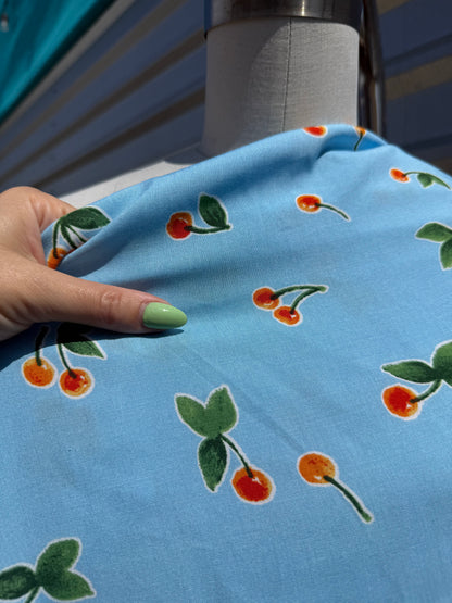 Blue Red Green Cherry Print Rayon Challis "Blue Ribbon Pie"