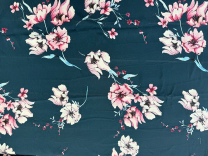 Teal Pink Watercolor Peony Floral Rayon Crepe Woven ‘Teal Blossom’