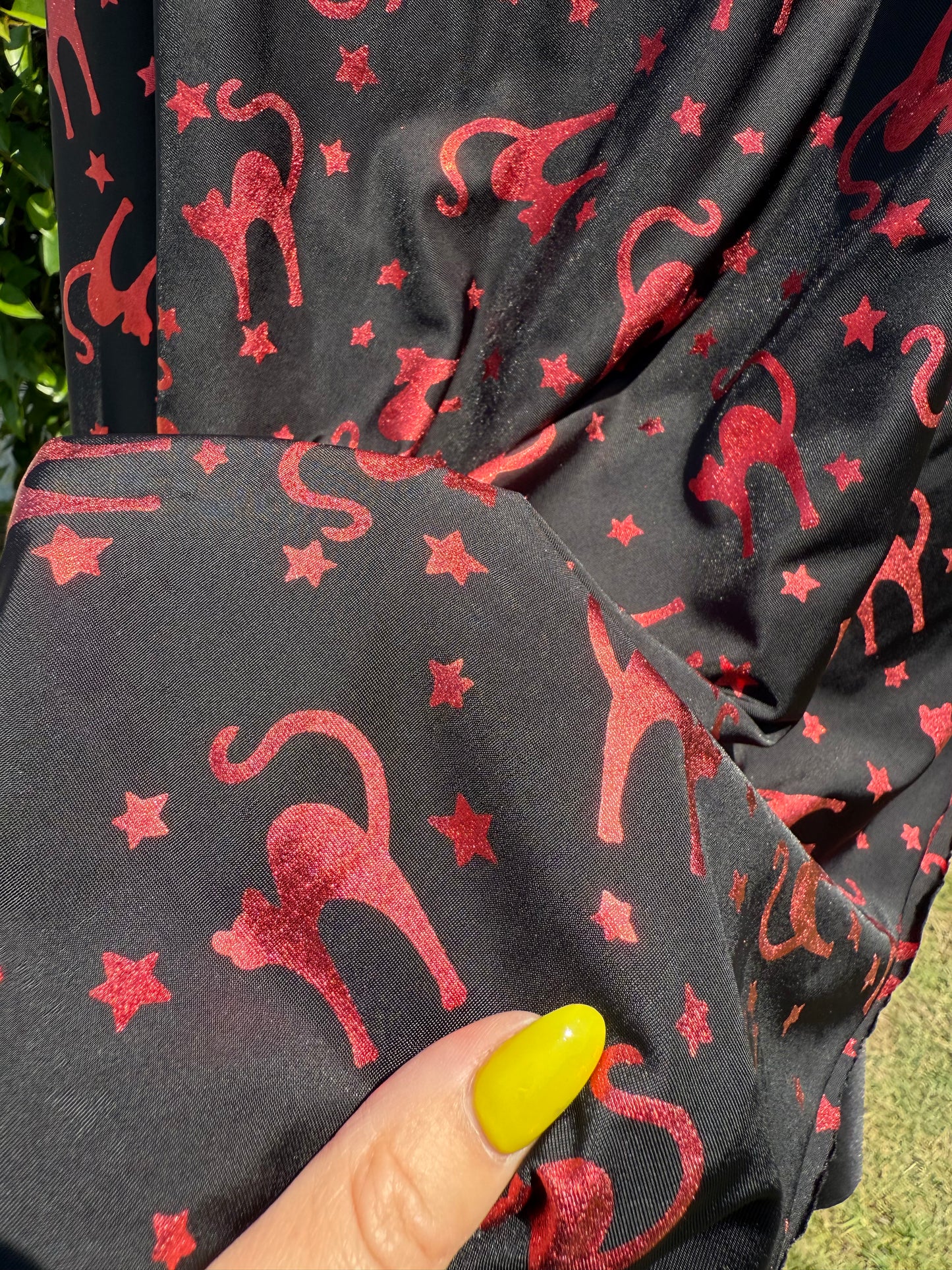 Red Black Cat Witchy Print Polyester/Spandex Jersey Knit "Meow Mystic"