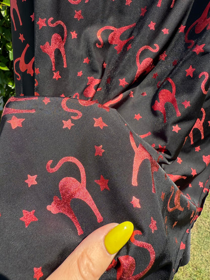 Red Black Cat Witchy Print Polyester/Spandex Jersey Knit "Meow Mystic"