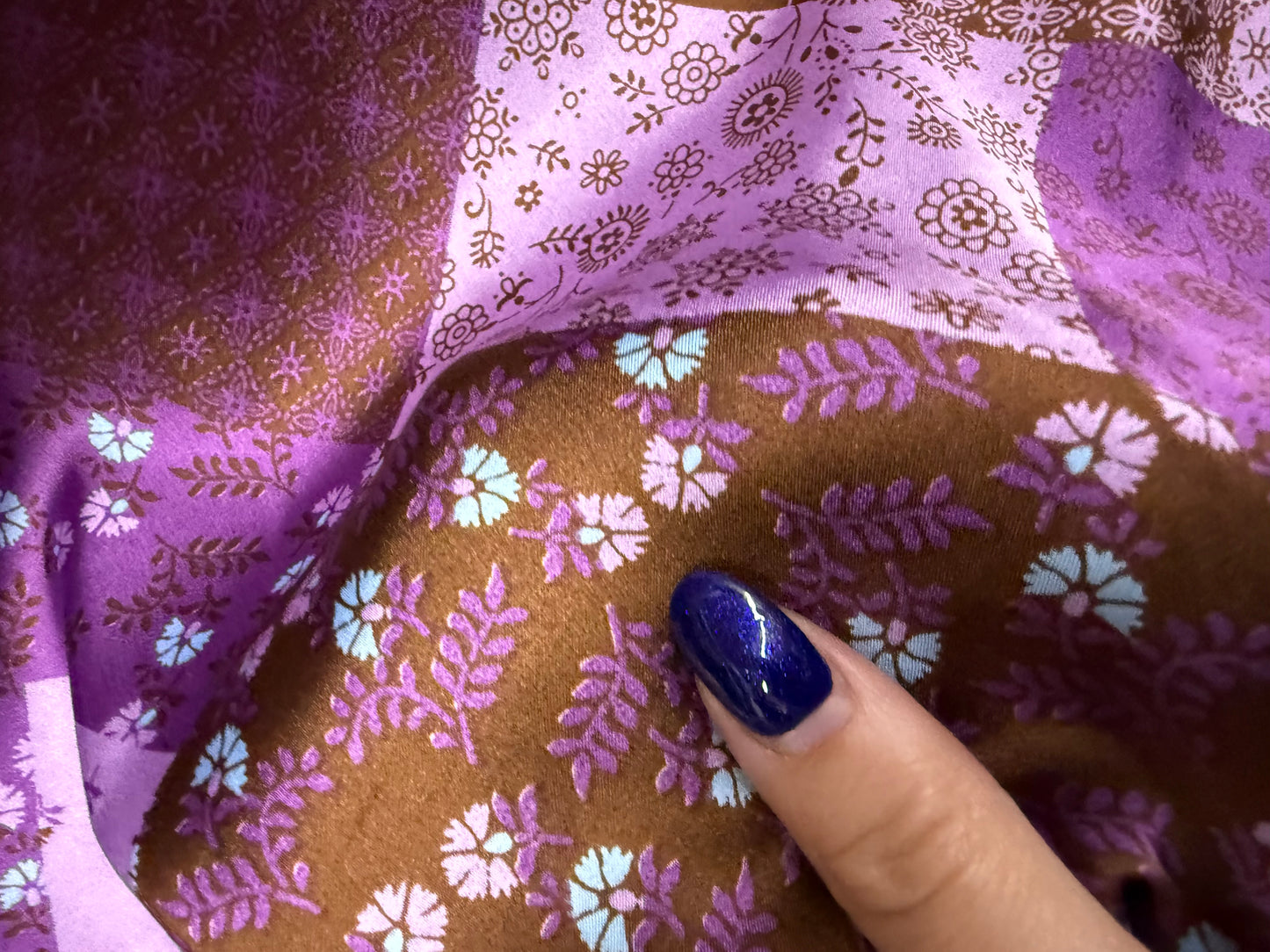 Purple Brown Folk Boho Bandana Paisley Quilt Print Polyester Charmeuse Woven “Field Ready”