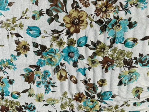 Oatmeal Teal Brown  Floral Print Rayon Linen Jersey Knit “Rosemary"