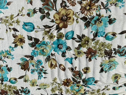 Oatmeal Teal Brown  Floral Print Rayon Linen Jersey Knit “Rosemary"