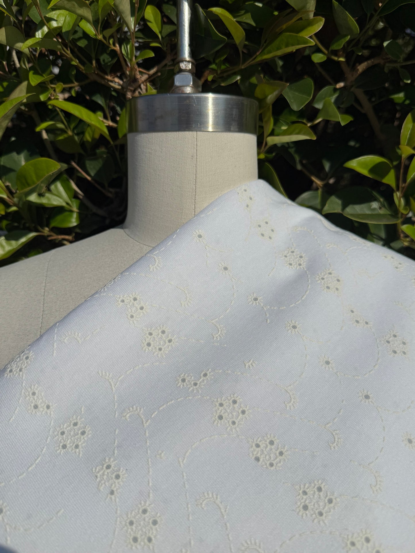 White Printed Embroidered Eyelet Design Vintage Cotton Jersey "Puff Petals"