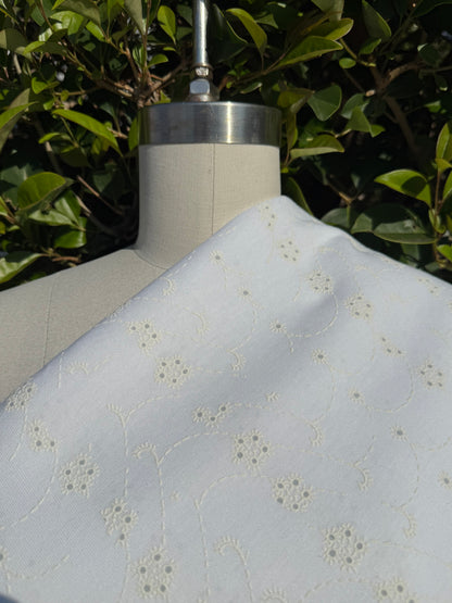White Printed Embroidered Eyelet Design Vintage Cotton Jersey "Puff Petals"