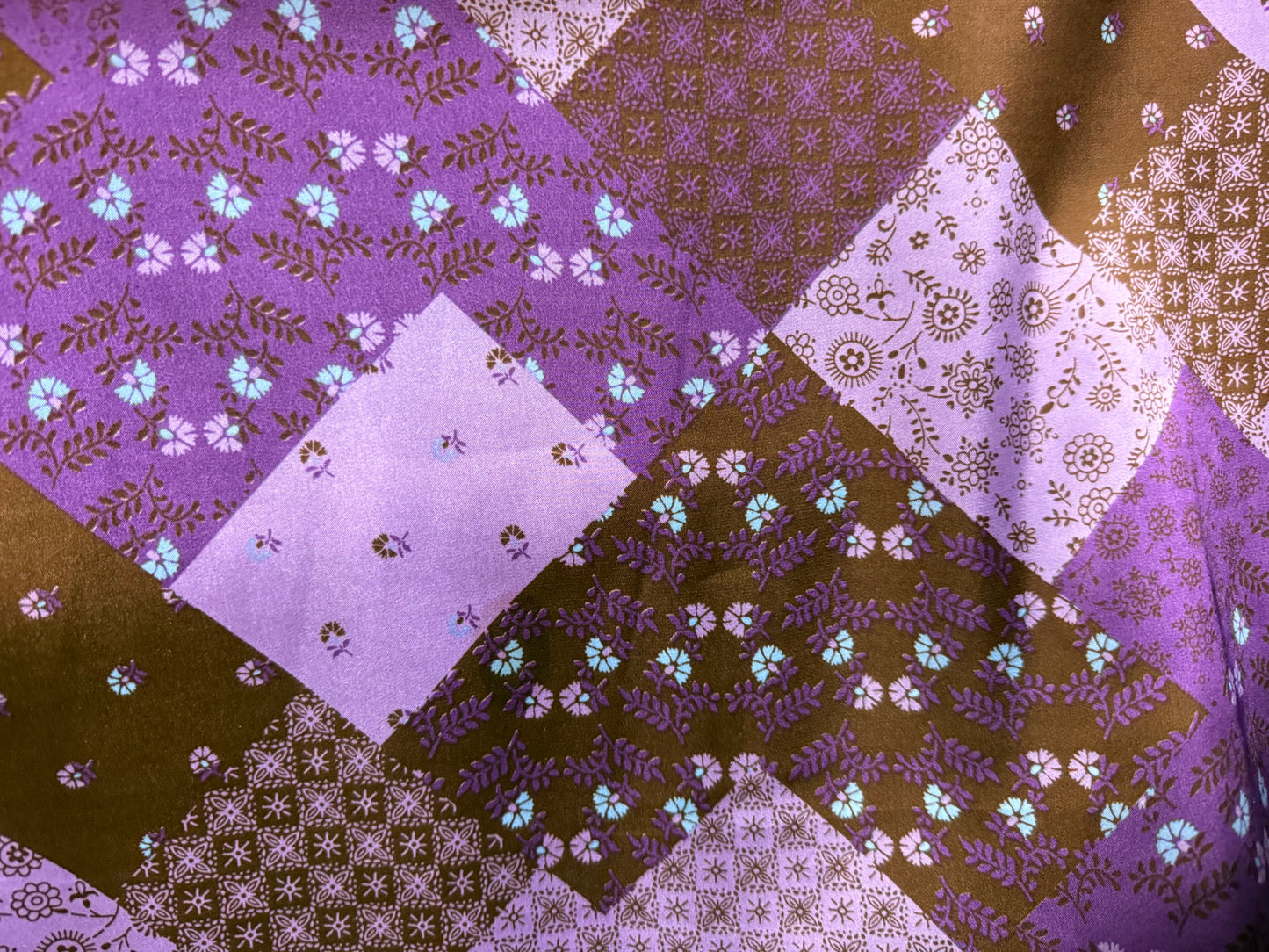 Purple Brown Folk Boho Bandana Paisley Quilt Print Polyester Charmeuse Woven “Field Ready”