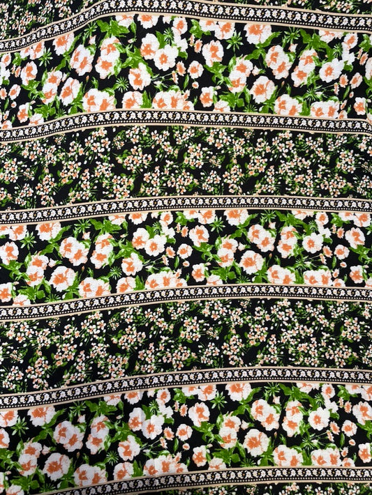 Black White Green Stripe Floral Vertical Stripe Boho Rayon Challis Woven "Seville Spring"