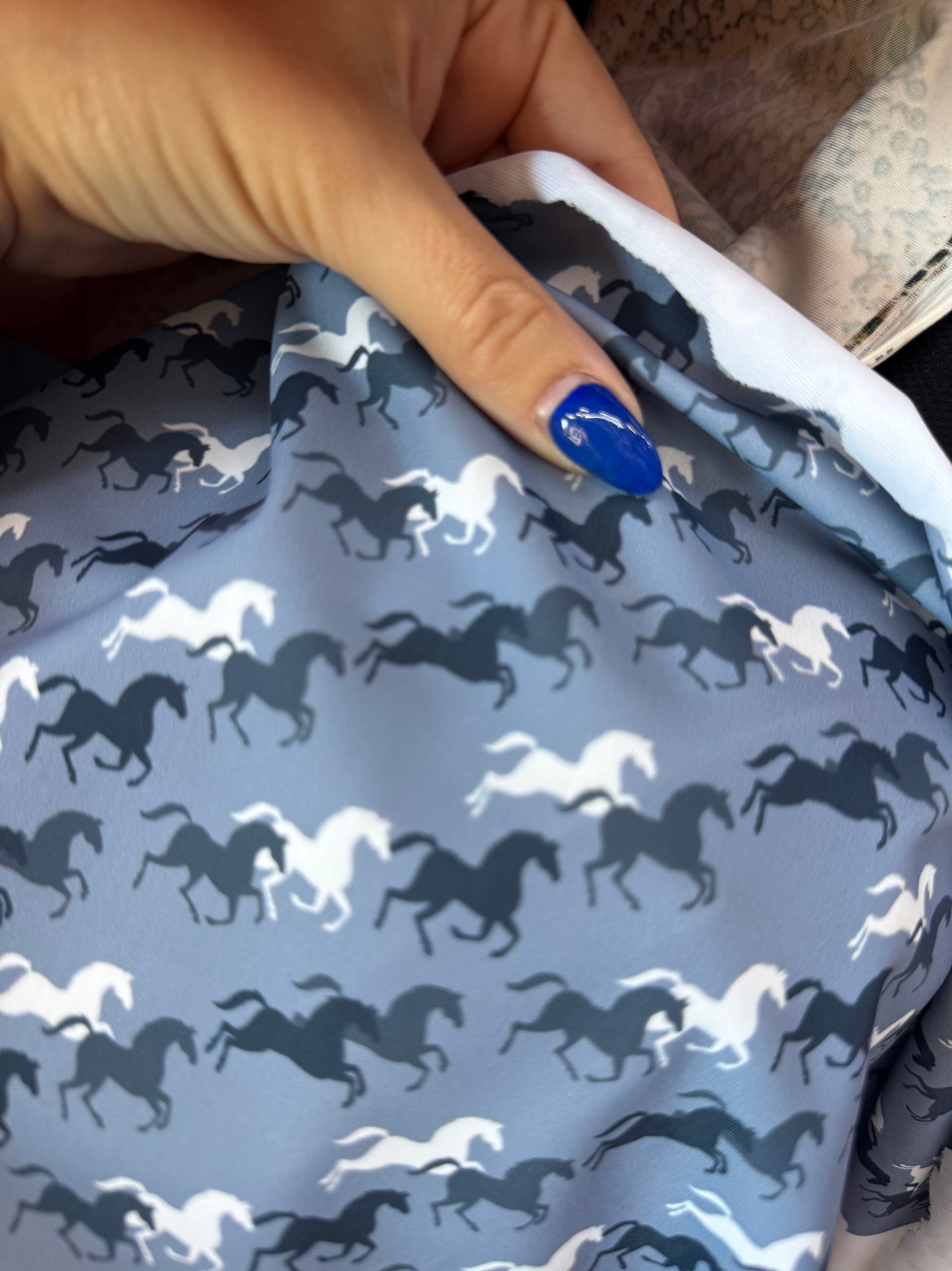 Blue Horse Silhouette Nylon Spandex Swim Knit "Pony Splash”