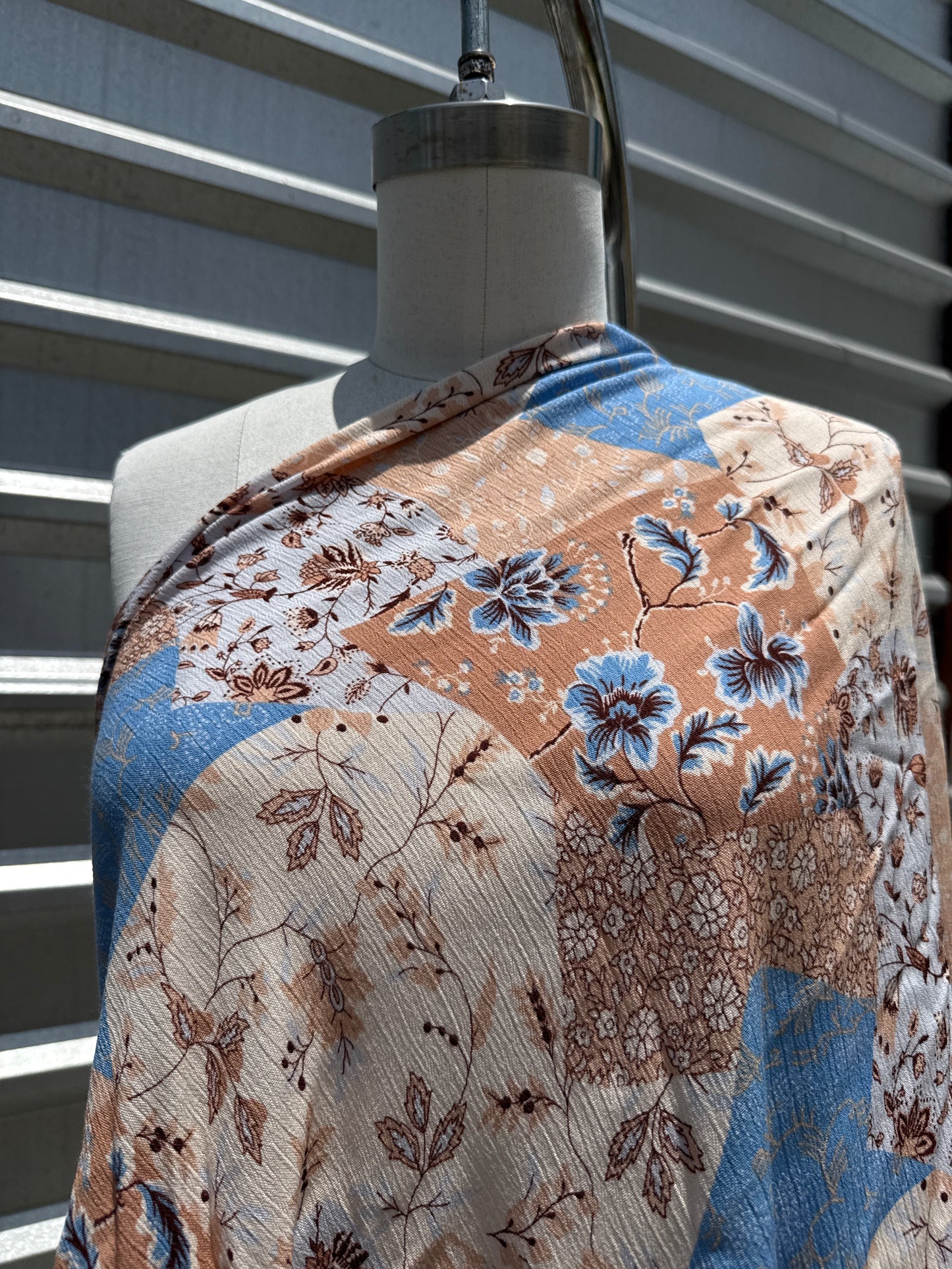 Blue Cream Taupe Patchwork Floral Crepe "Annie on the Praire"