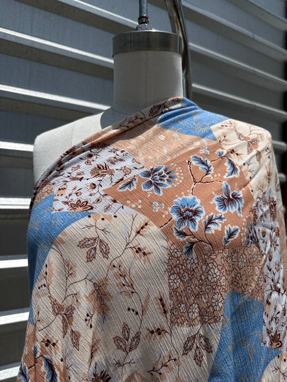 Blue Cream Taupe Patchwork Floral Crepe "Annie on the Praire"