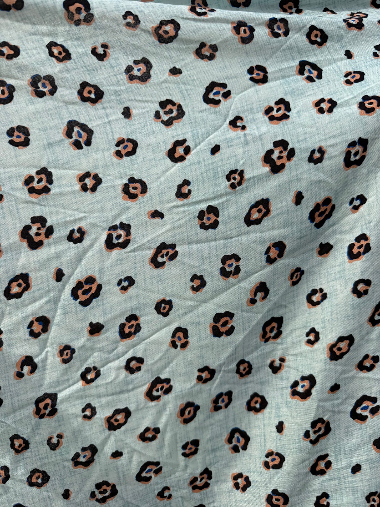 Light Blue Orange Leopard Print Rayon Challis Woven "Blue Hill Leo"