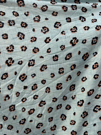 Light Blue Orange Leopard Print Rayon Challis Woven "Blue Hill Leo"