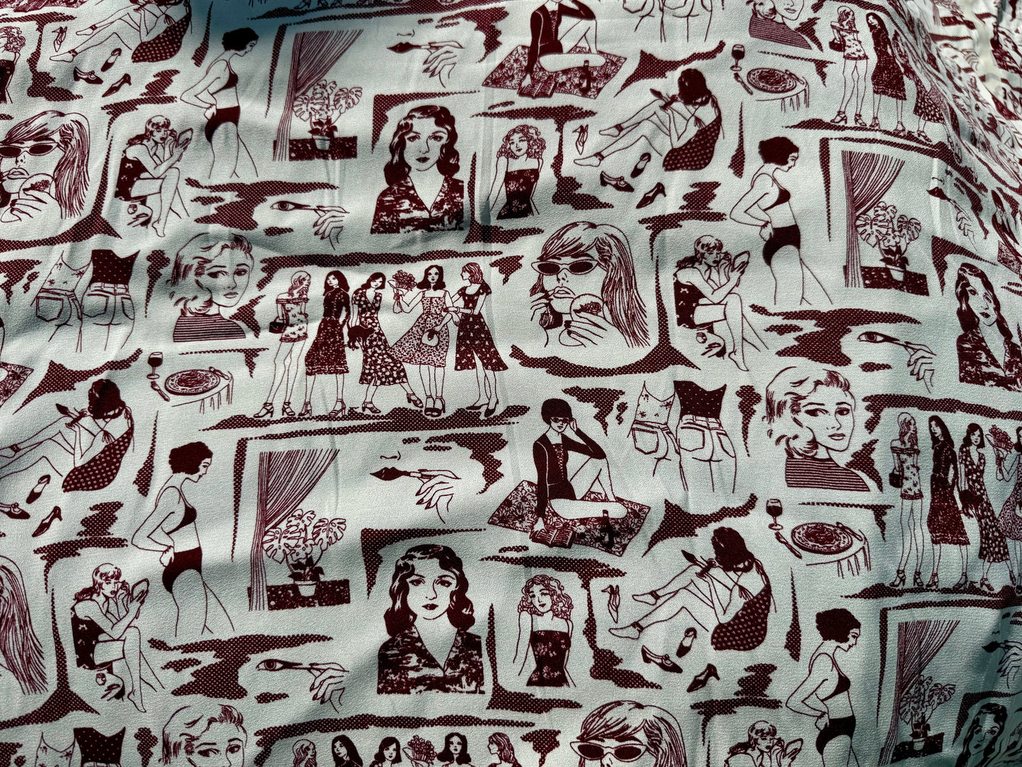 Ivory Burgundy Graphic Women Character Rayon Crepe Woven "Cool Chicks"