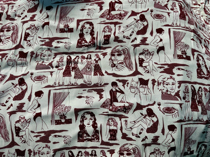 Ivory Burgundy Graphic Women Character Rayon Crepe Woven "Cool Chicks"