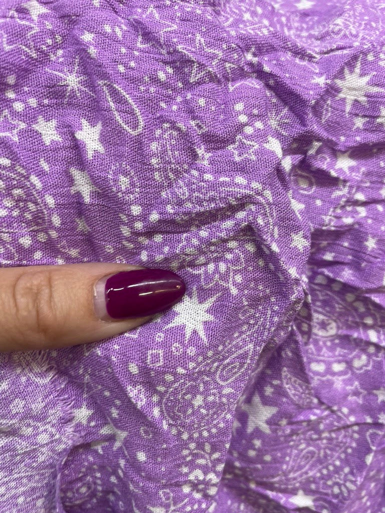 Lavender White Paisley Stars Rayon Crepe Woven "Yeehaw Lilac"