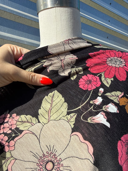 Black Pink Green Floral Print Slub Cotton  Jersey "Anhelo Blooms"